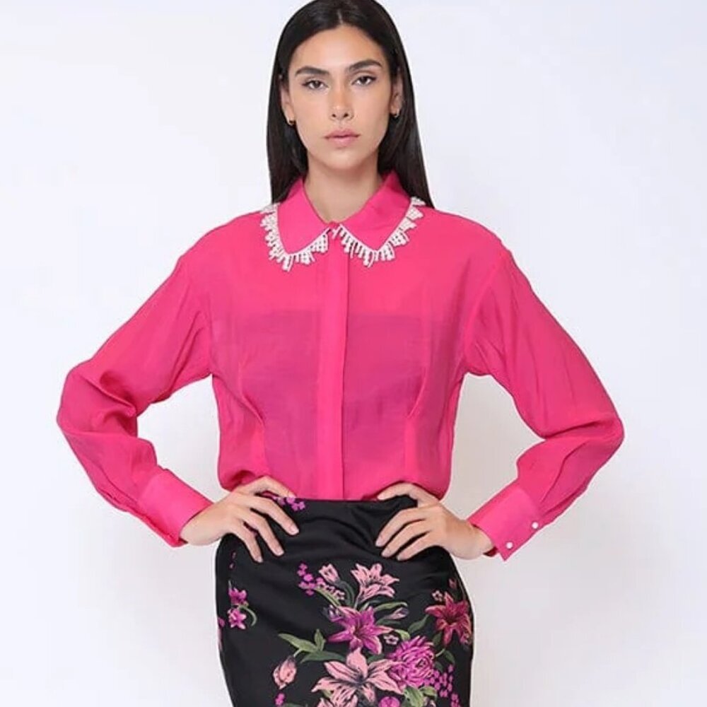 Gracia Fuchsia Pearl Beaded Collar Long Sleeve Button Down Shirt NWT - Picture 3 of 4